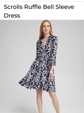 Chico's Navy & White Scroll-Print Ruffle Dress